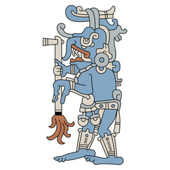 Ancient Mayan monster deity holding a torch. Rain god Chaac. Codex design. Isolated vector illustration.