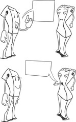 Two fictitious anthropomorphic characters are having a funny dialogue or arguing about something.