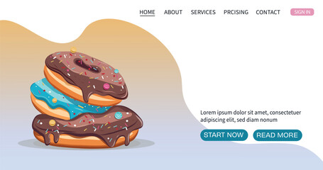 National donut day social media post and advertisement card with assorted delicious donuts on light background. Vector illustration web page, banner.