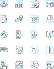 Desktop computer linear icons set. Processor, Memory, Graphics, Storage, Keyboard, Mouse, Monitor line vector and concept signs. Motherboard,Power supply,Ethernet outline illustrations