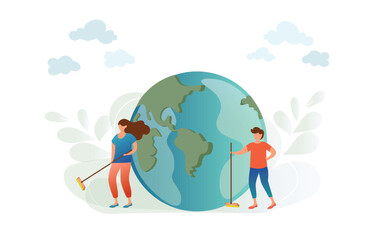 People clean up the planet and take care of it Earth day concept. Illustration of the green planet earth on a white background.Environment day, environmental protection.