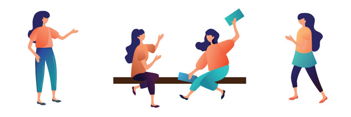 Happy women and men cleaning up city street. Group of young ecologists, volunteers or eco activists picking up and disposing garbage in park. Community service work. Flat cartoon vector illustration.