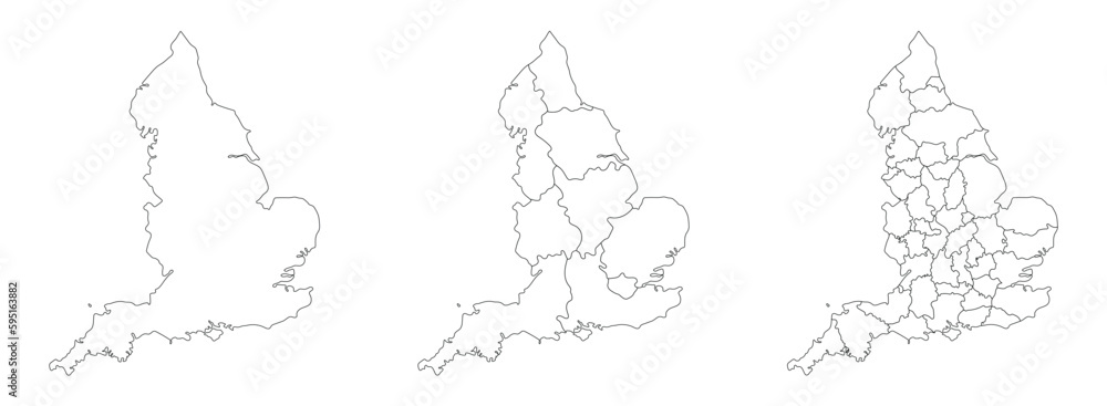 Wall mural england map set of white-black outline and administrations regions map