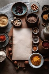 Mock up recipe with a blank paper in the middle of food ingredients, generative ai