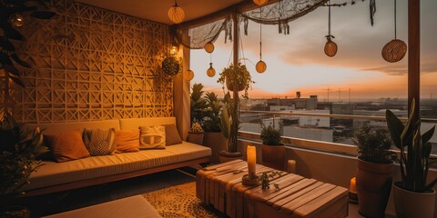 Sunset in a terrace illuminated by fairylights with a casual boho decor, generative ai