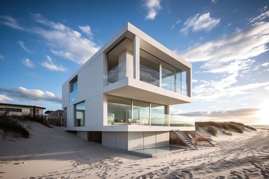 Magnificent white contemporary home on the beach, generative ai