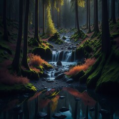 a landscape of a forest with a stream, vivid colors, 8k, diffused soft lighting, sharp focus, hyperrealism, created with Generative AI