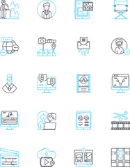 Television news linear icons set. Reporting, Anchors, Journalism, Investigative, Breaking, Coverage, Headlines line vector and concept signs. Alerts,Live,Stream outline illustrations