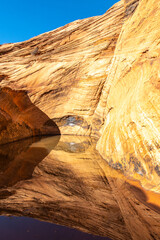 USA, Utah, Grand Staircase Escalante National Monument. Harris Wash rock formation reflects in water.