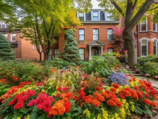 Fototapeta na wymiar a beautiful brick house with a garden full of colorf