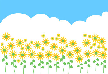 ひまわりの咲き乱れる風景　イラスト素材
