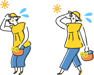 炎天下の下汗をかきながら歩く女性とトラブル　セット　イラスト素材
