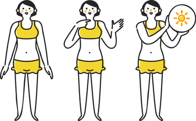 下着または水着での女性と何かを手に持ち指さしてる女性と太陽のパネルを持った女性　セット　イラスト素材
