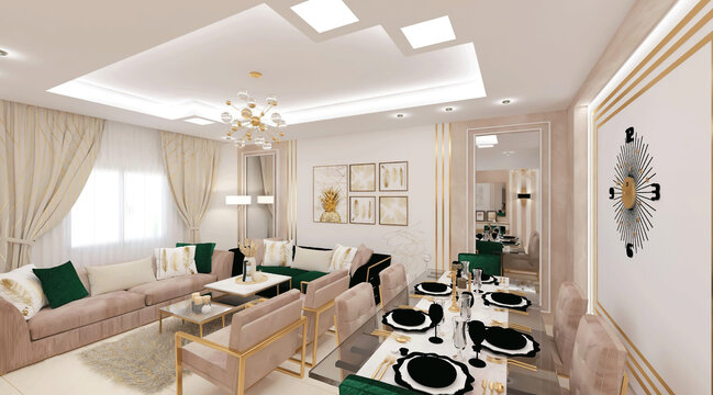 living room with eating table, luxury sofa and chairs curtain and frames on wall, spoons cups and dishes on table