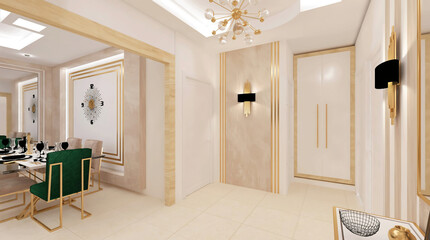 modern living room with eating table and luxury chairs, clock on the wall and lights