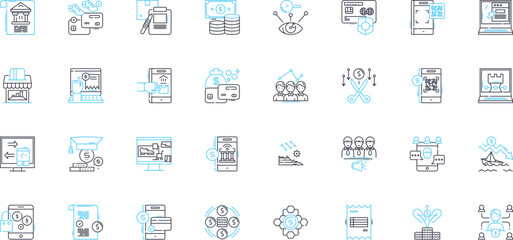 Trade deals linear icons set. Agreements, Negotiations, Tariffs, Imports, Exports, Trade, Barriers line vector and concept signs. Partnership,Deals,Free trade outline illustrations - obrazy, fototapety, plakaty