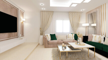 sofa and table inside luxury room with curtain on window and tv on the wall, decorative lights and lamps 