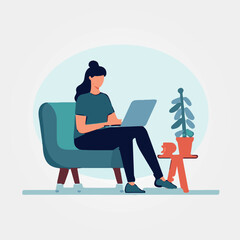 woman sitting on sofa at home working on laptop