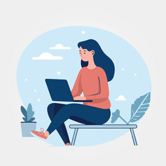 vector illustration, woman working on laptop in office