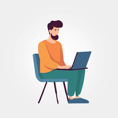vector illustration, man sitting working with laptop on his lap