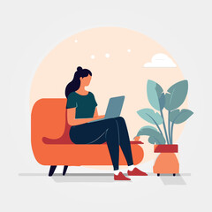 Fototapeta na wymiar woman sitting on sofa working with her laptop on her lap, vector illustration