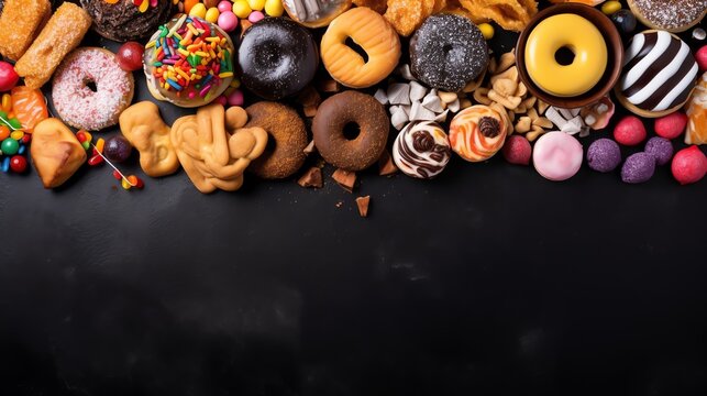unhealthy food banner with black background - generative ai