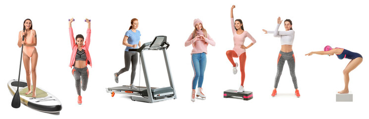 Set of different sporty women on white background