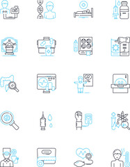 Clinical Applications linear icons set. Diagnosis, Treatment, Therapy, Intervention, Pharmacology, Immunology, Radiology line vector and concept signs. Oncology,Cardiology,Neurology outline