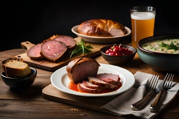 Simple delicious dinner plate with bread, beef steak with mashed potatoes