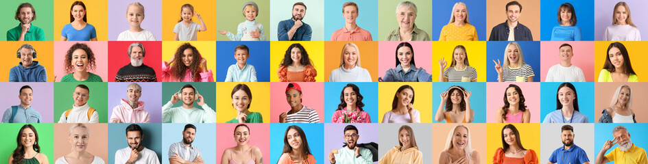 Group of beautiful people on color background