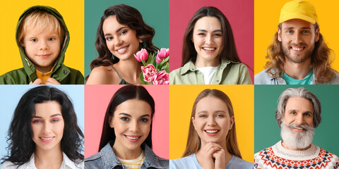 Group of happy people on color background