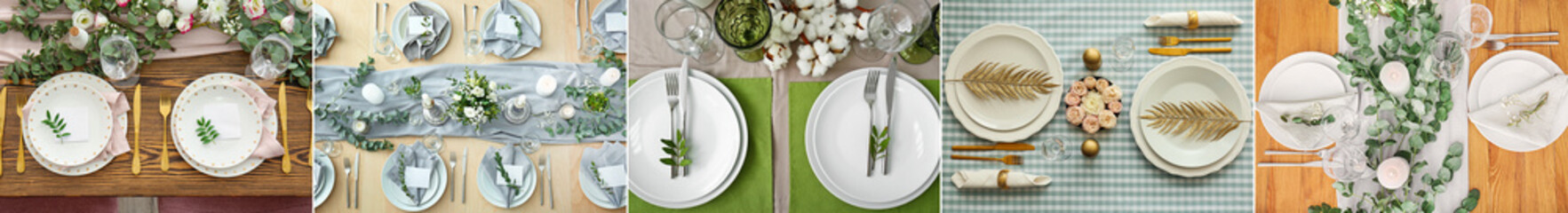 Collage of beautiful table settings with floral decor, top view