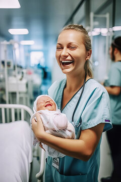 Glücklich lachende Hebamme mit Neugeborenen Kind im Arm