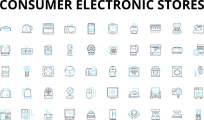 Consumer electronic stores linear icons set. Gadgets, Appliances, Smartphs, Tablets, Laptops, Cameras, Headphs vector symbols and line concept signs. Speakers,Gaming,Wearables illustration