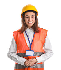 Female worker in vest and hardhat on white background