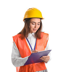 Female engineer with clipboard on white background