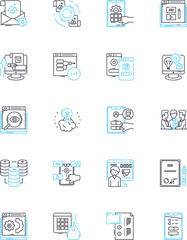 Mobile gaming linear icons set. Entertaining, Addiction, Thrilling, Strategy, Fun, Adventure, Challenge line vector and concept signs. Engaging,Interactive,Casual outline illustrations