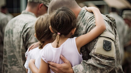 Soldier hugging his child, hug for farewell