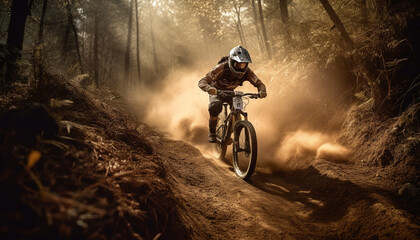Fototapeta na wymiar Mountain biker speeds through forest on dirt road generated by AI