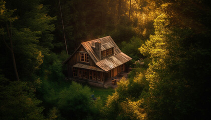 Weathe log cabin in tranquil mountain meadow generated by AI