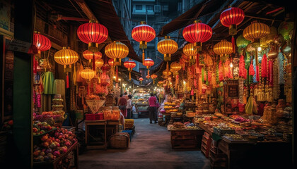 Fototapeta premium lanterns illuminate Chinatown traditional festival celebration generated by AI
