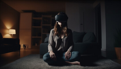 Fototapeta na wymiar Young woman enjoying virtual reality game alone generated by AI