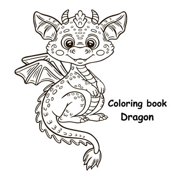 Cute fairy baby dragon reptile, funny magical fantasy flying fire lizard monster line icon. Mythical animal character with wing. Chinese zodiac sign. Coloring book page. Children education game vector