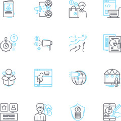 Publicity company linear icons set. Promote, Visibility, Exposure, Outreach, Advertise, Campaigns, Branding line vector and concept signs. Media,Press,Hype outline illustrations