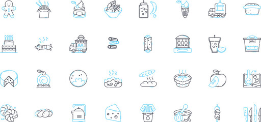 Snack linear icons set. Chips, Popcorn, Pretzels, Crackers, Nuts, Beefjerky, Granola line vector and concept signs. Trailmix,Yogurt,GranolaBars outline illustrations