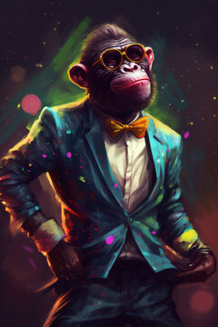 Digital Painting eines fröhlichen funky Affen im Party Outfit. Hochformat. Generative Ai.