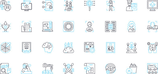 Social media and nerking linear icons set. Connections, Communication, Engagement, Collaboration, Likes, Shares, Followers line vector and concept signs. Interactions,Virality,Influence outline