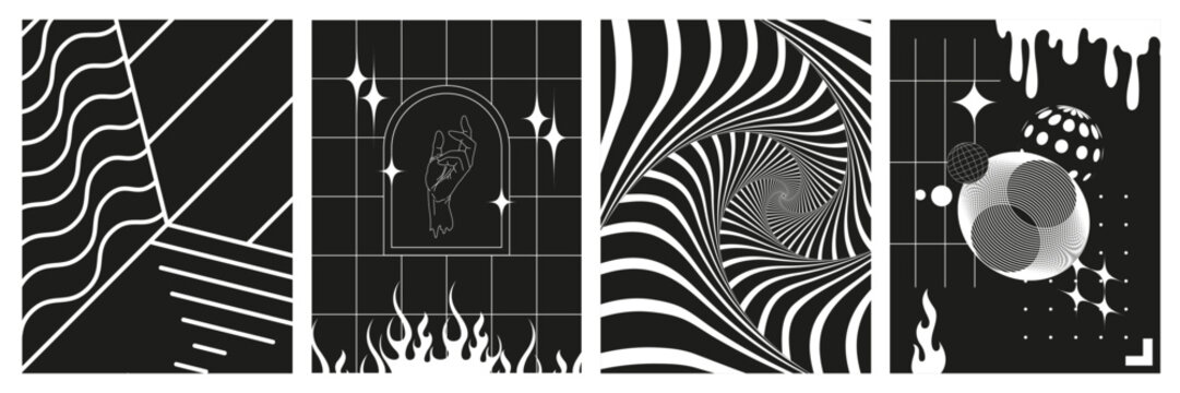 Set of abstract geometric figures contemporary artwork, abstract monochrome set posters, cover, invitation inspired brutalism. Vector illustration with 3d wireframe models, 00s Y2k retro futuristic.	