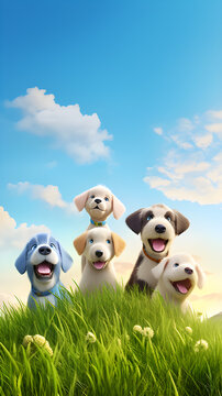 A cheerful and playful group of puppies enjoying a green meadow under a bright sky. Generative AI © Goddy