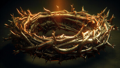 Close up of crown of thorns with shining light with dark background religion concept.